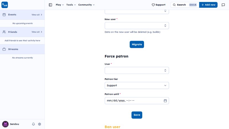 Admin actions page