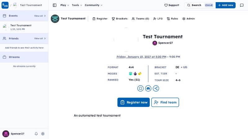 Tournament info page