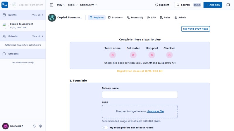Tournament register page