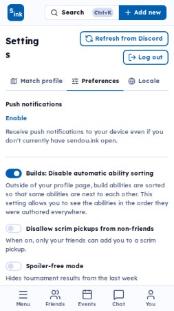 Settings page
