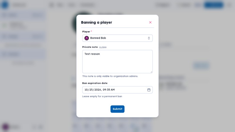 Ban user dialog