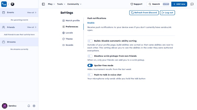 Settings page
