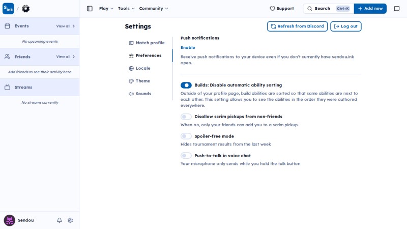 Settings page