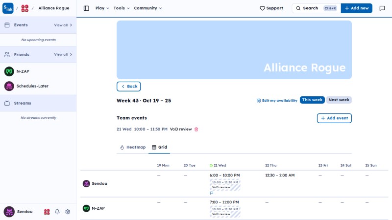 Team schedule page