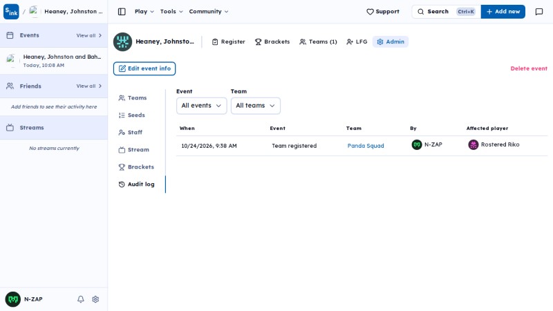 Tournament admin audit page