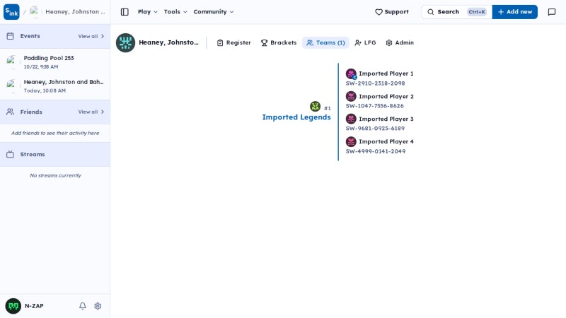 Tournament teams page
