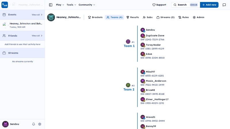 Tournament teams page