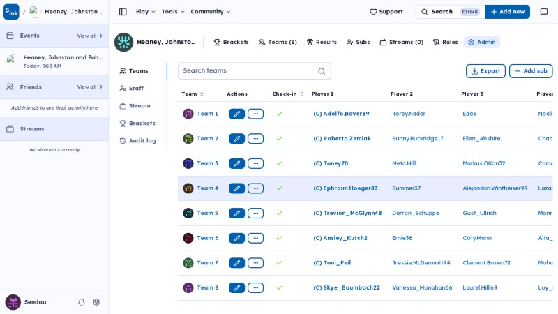 Tournament admin page