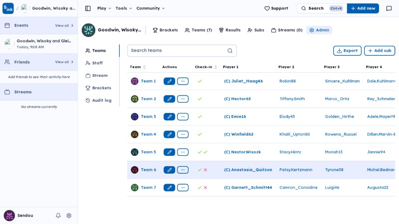 Tournament admin page