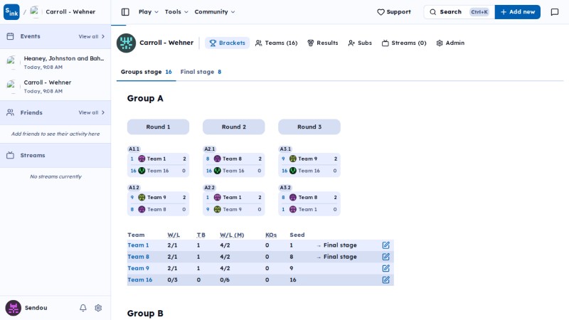 Tournament brackets page