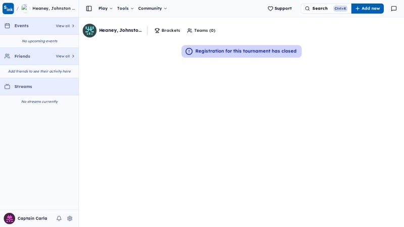 Tournament register page