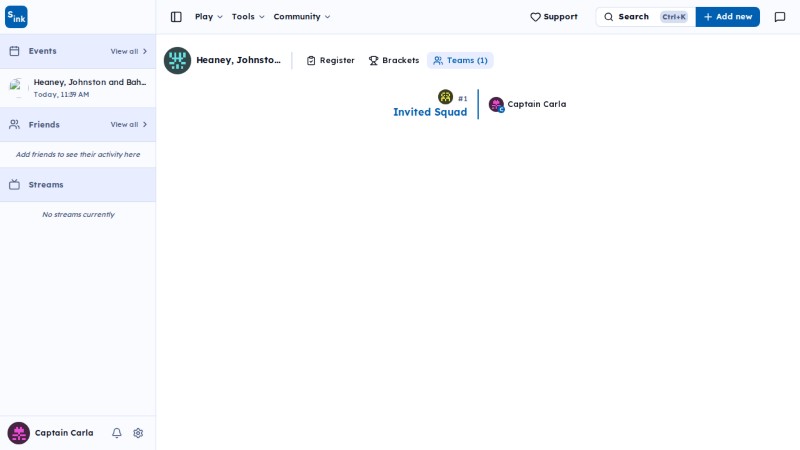Tournament teams page