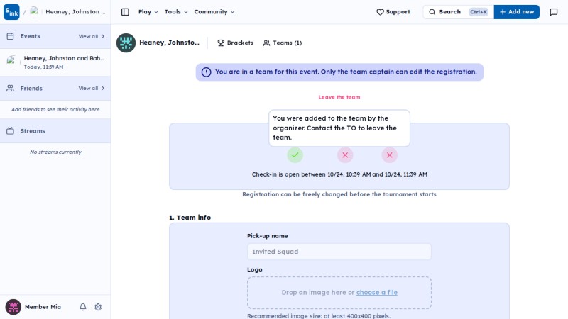 Tournament register page
