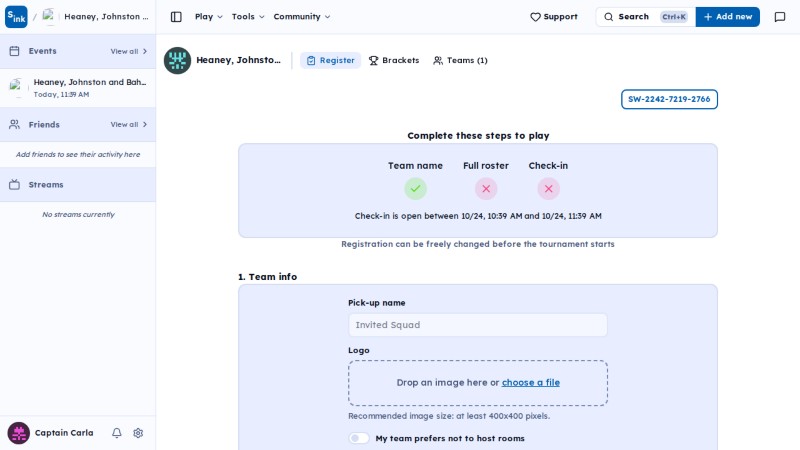 Tournament register page