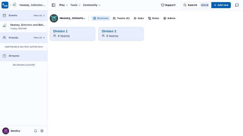 Tournament divisions page