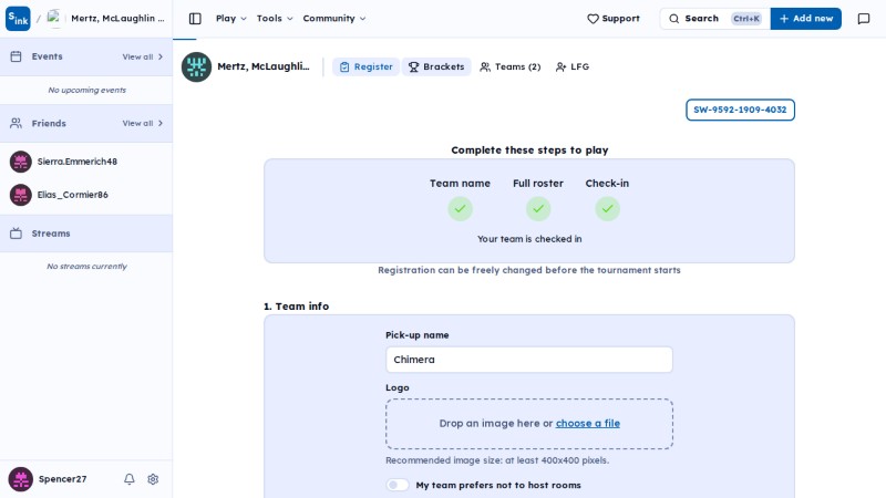 Tournament register page