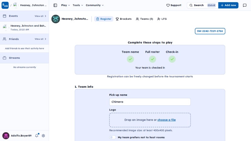 Tournament register page