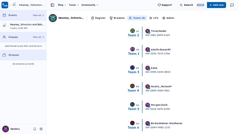 Tournament teams page