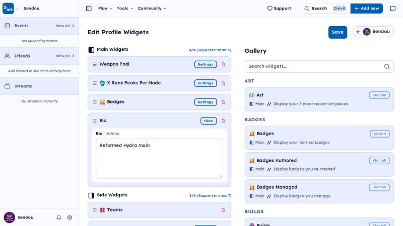 User edit widgets page